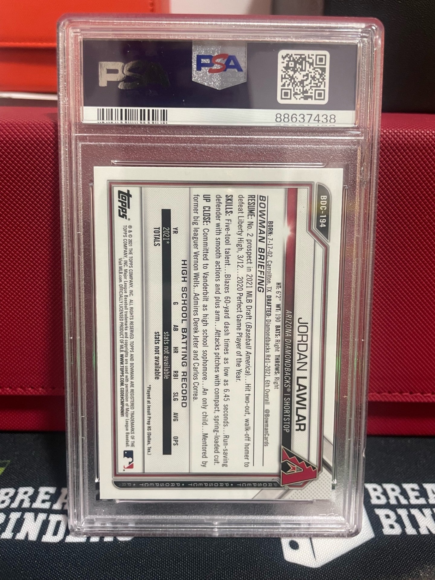 2021 Bowman Draft Jordan Lawlar Chrome Sapphire Edition #BDC194 PSA 10 GEM MT
