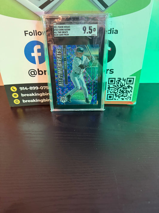 2021 Panini Mosaic ATG3 Ichiro Suzuki All-Time Greats Blue Camo Prizm SGC 9.5 MT+