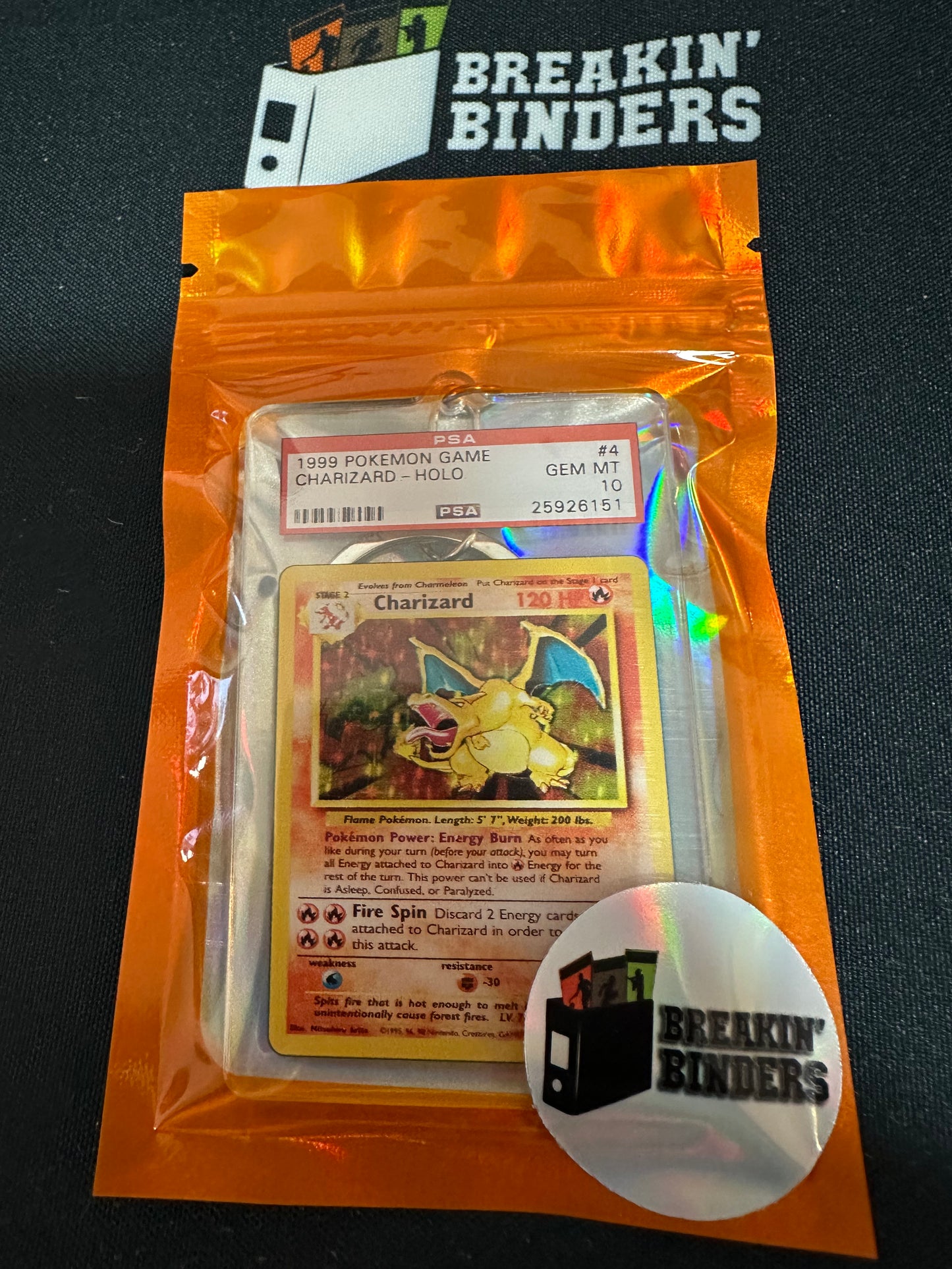 1999 Pokemon Game Charizard Holo PSA 10 GEM MT Breakin' Binders Keychain