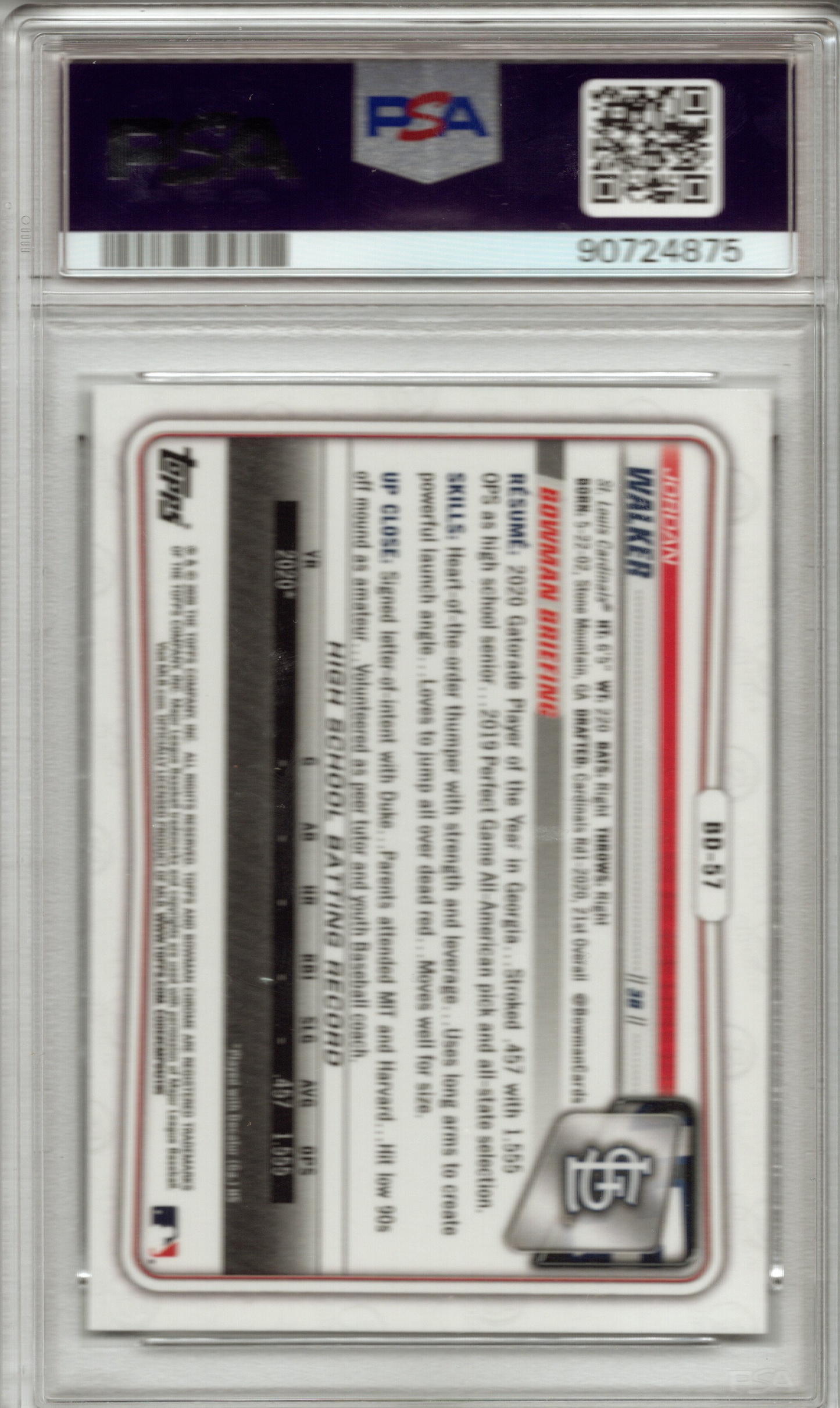 2020 Bowman Draft Chrome Jordan Walker #BD57 1st Bowman PSA 10 GEM MINT