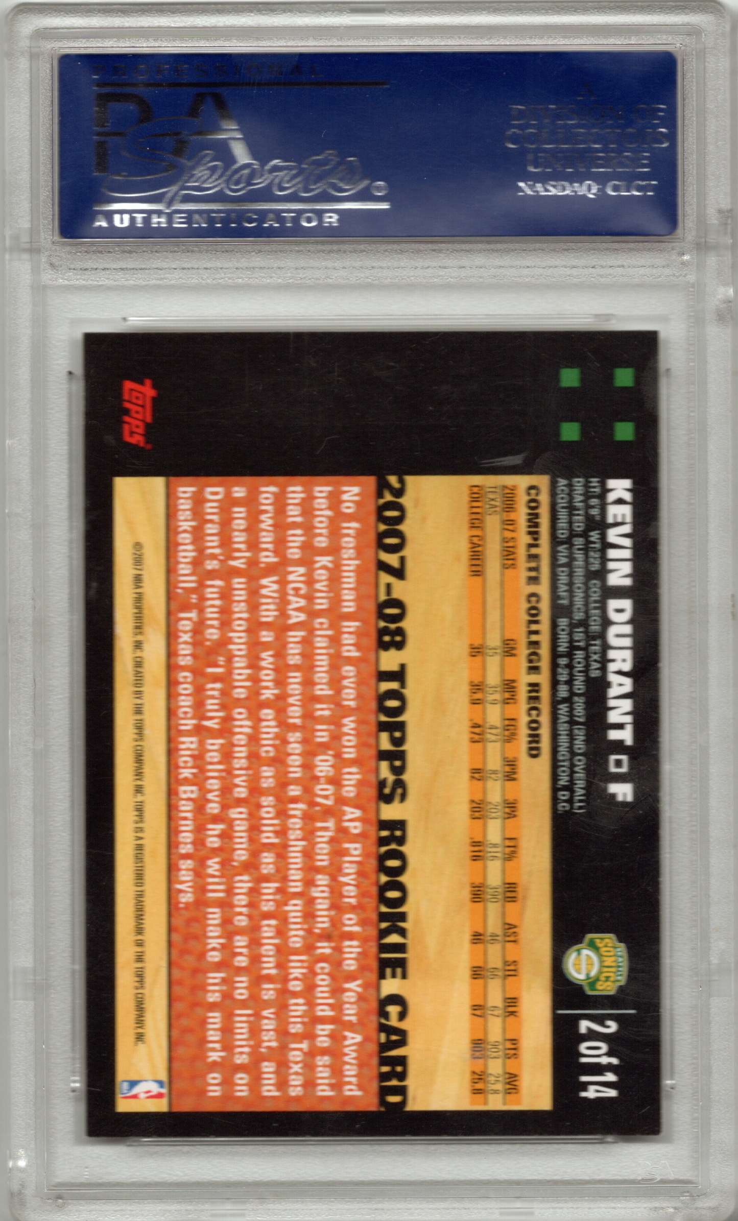 2007 Topps Kevin Durant Rookie Card RC #2 PSA 10 GEM MINT