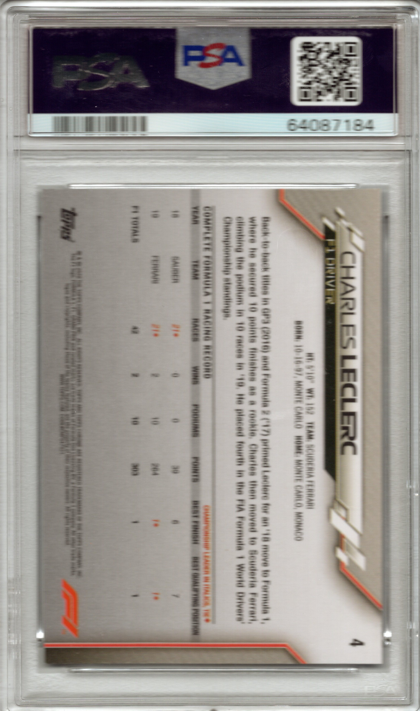 2020 Topps Chrome F1 Sapphire Edition Charles Leclerc #4 PSA 10 GEM MINT