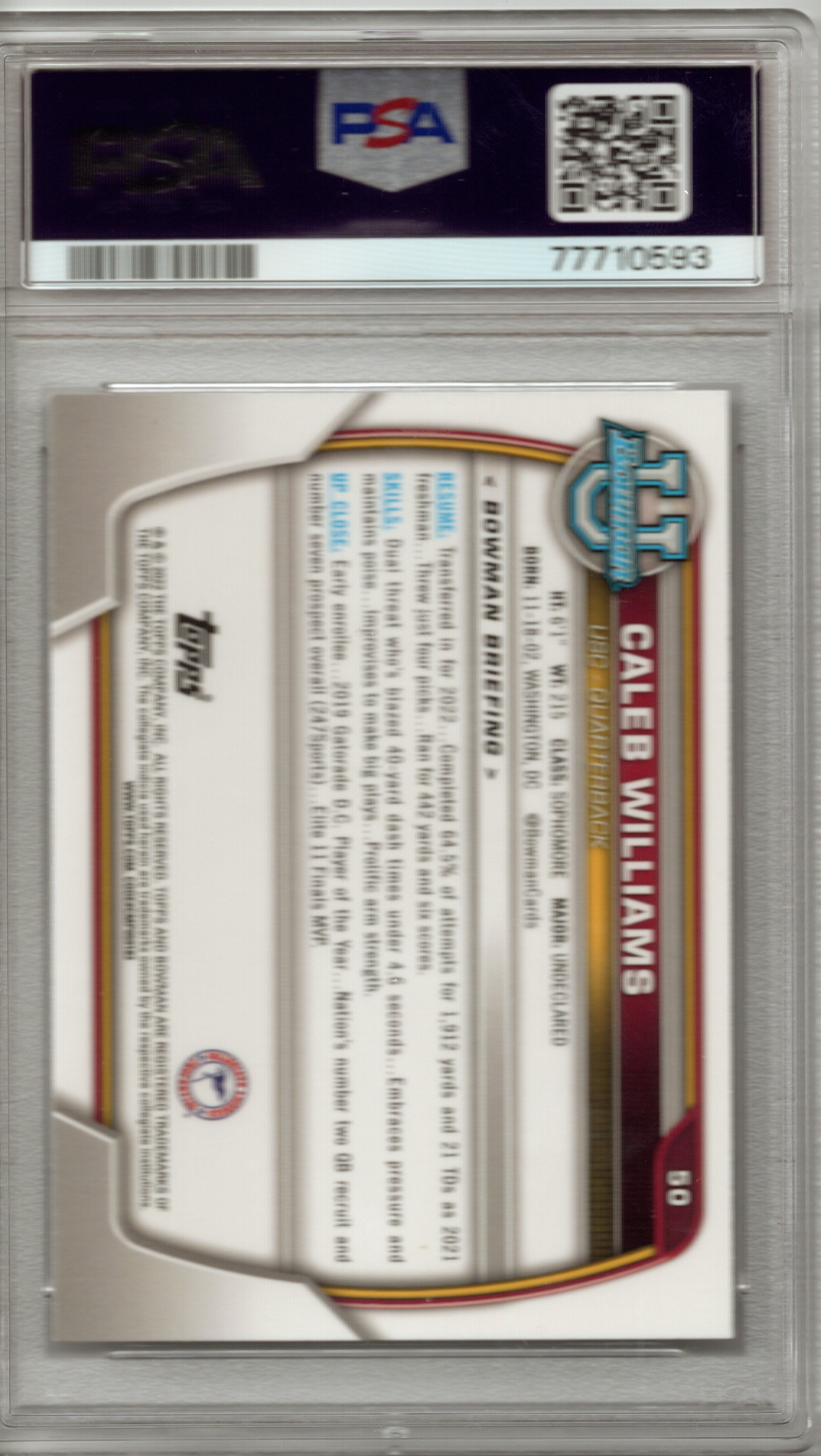 2022 Bowman University Chrome Prospects Caleb Williams #50 PSA 8 NEAR MINT-MINT