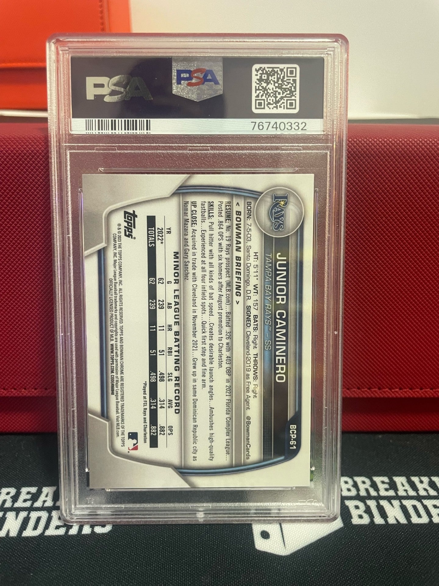 2023 Bowman Sapphire Junior Caminero Chrome Prospects #BCP61 PSA 10 GEM MT
