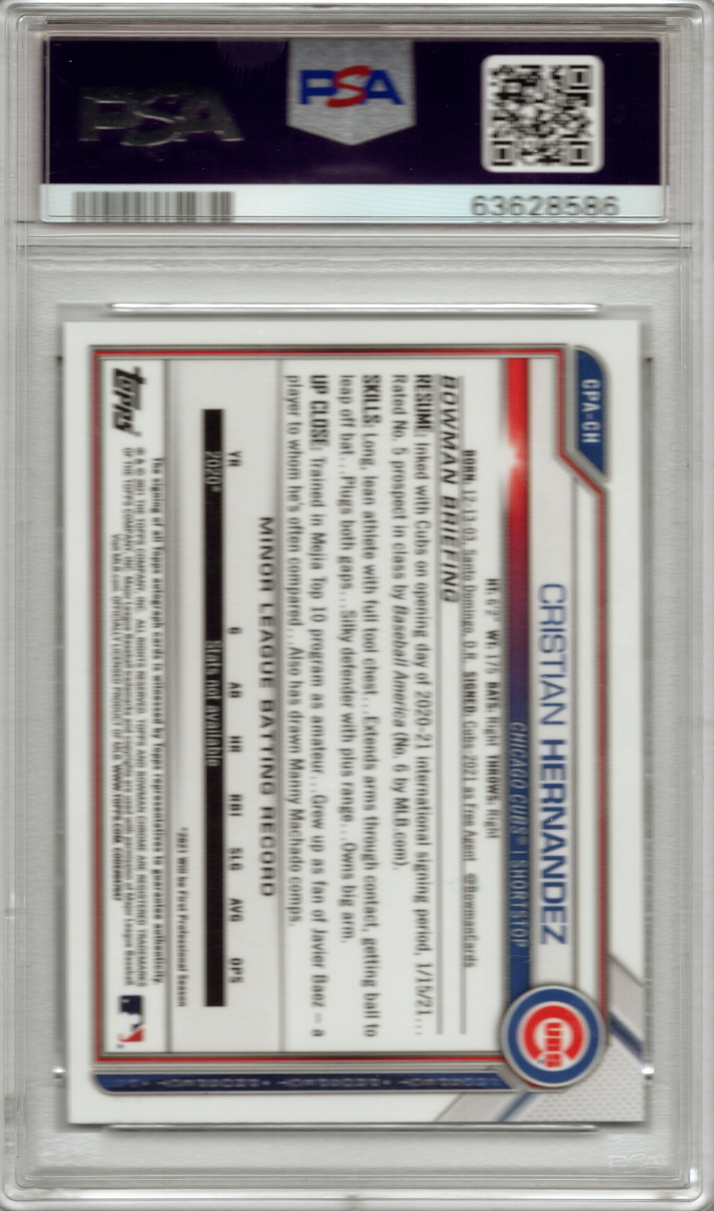 2021 Bowman Chrome Cristian Hernandez Prospect Autographs #CPACH PSA 10 GEM MINT