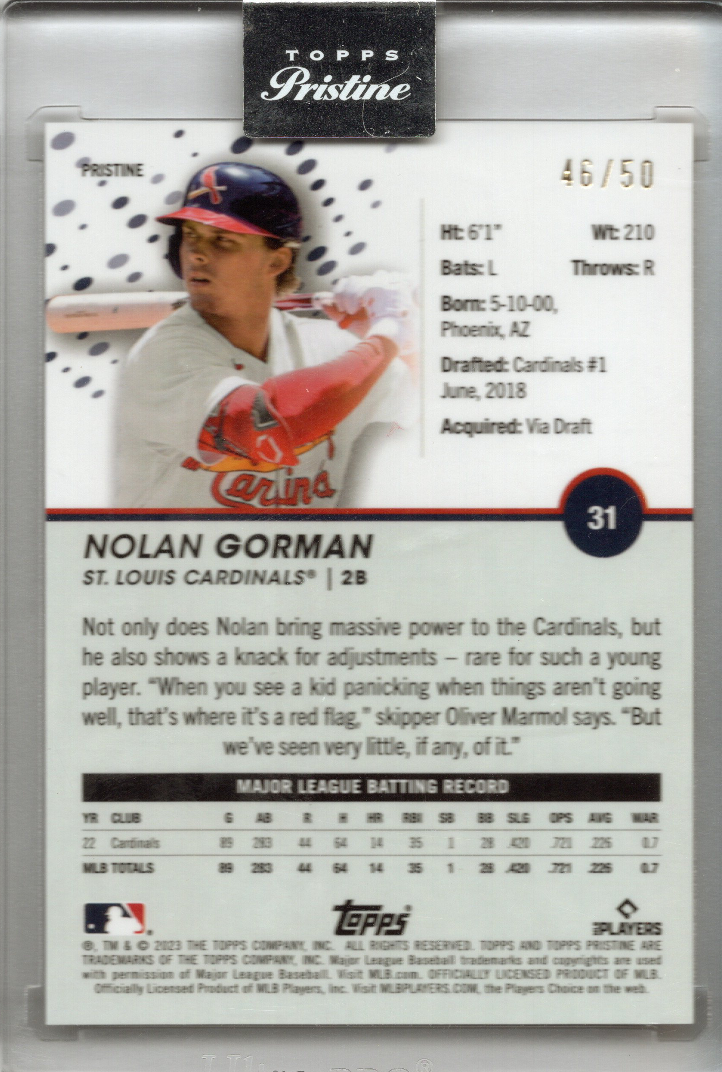 2023 Topps Pristine Nolan Gorman Rookie RC Gold Refractor 46/50