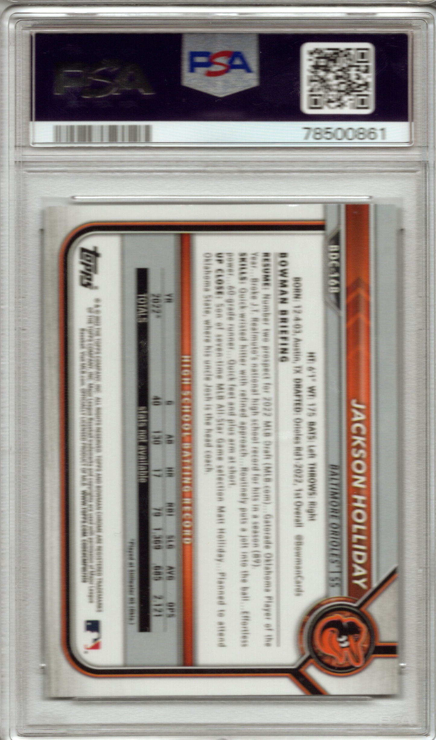 2022 Bowman Draft Jackson Holliday B/W Refractor #BDC168 PSA 10 GEM MINT