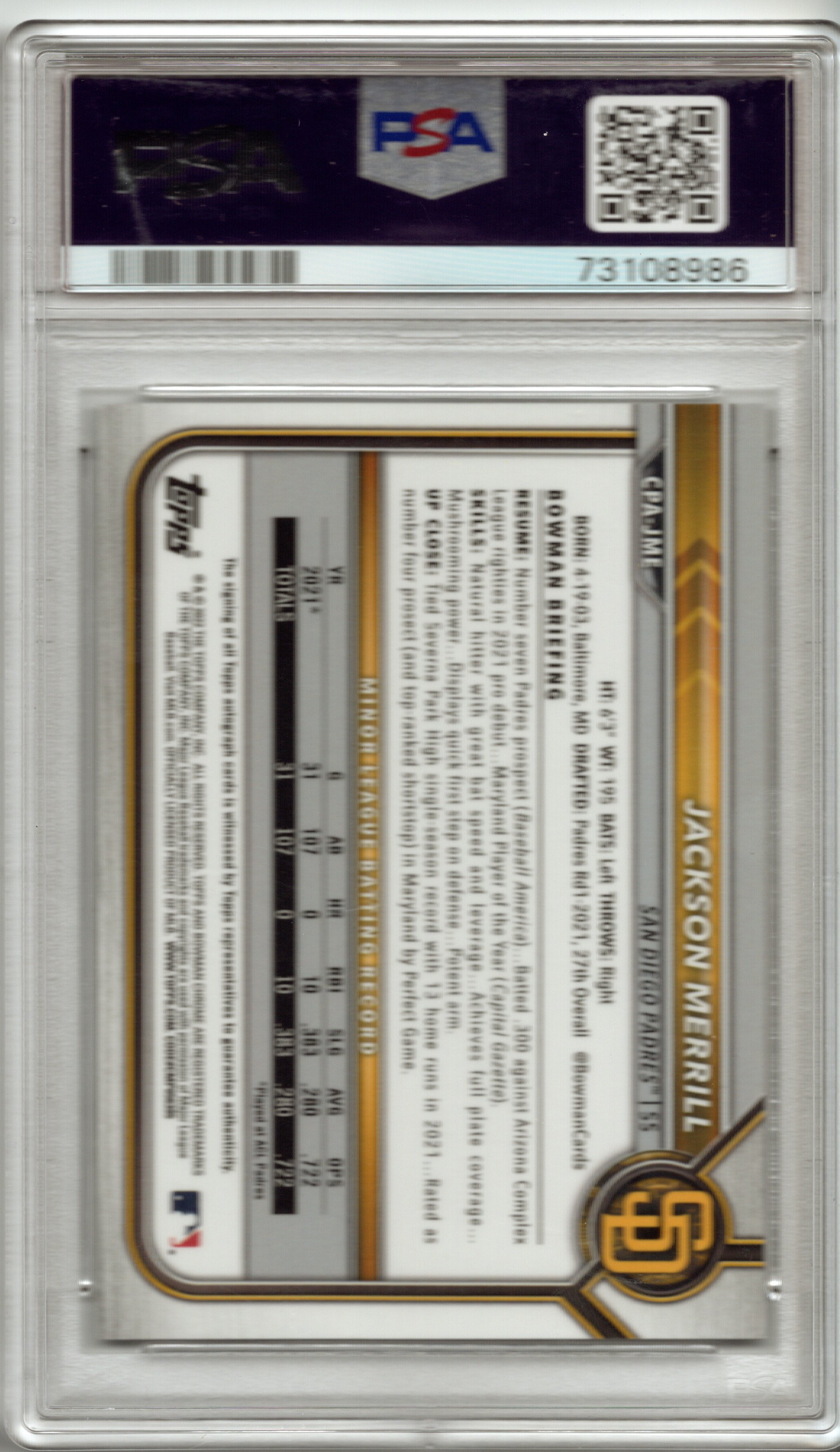 2022 Bowman Chrome Jackson Merrill Speckle Refractor #CPAJME PSA 10 GEM MINT