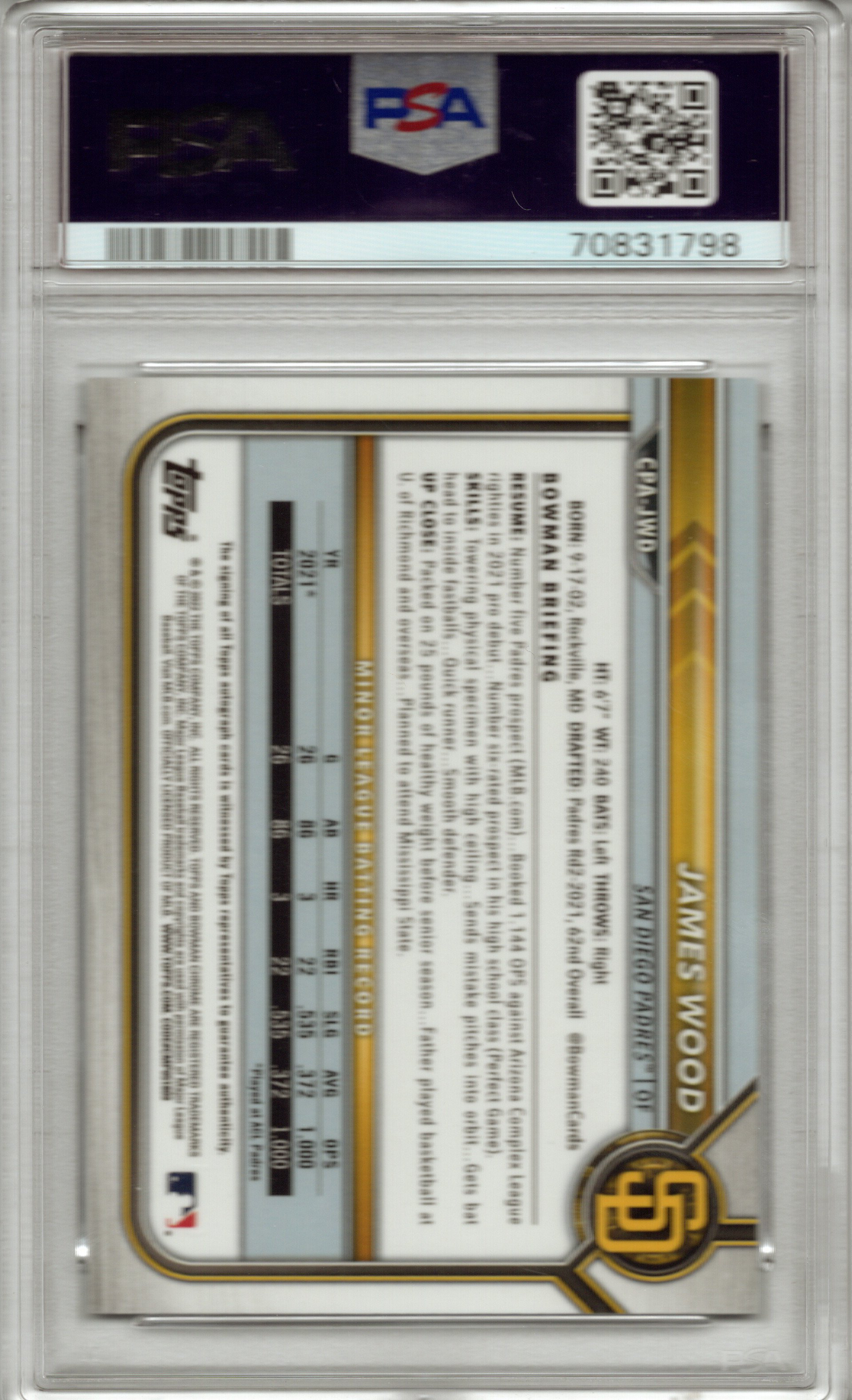 2022 Bowman Chrome Prospects James Wood Auto #CPAJWD PSA 10 GEM MINT