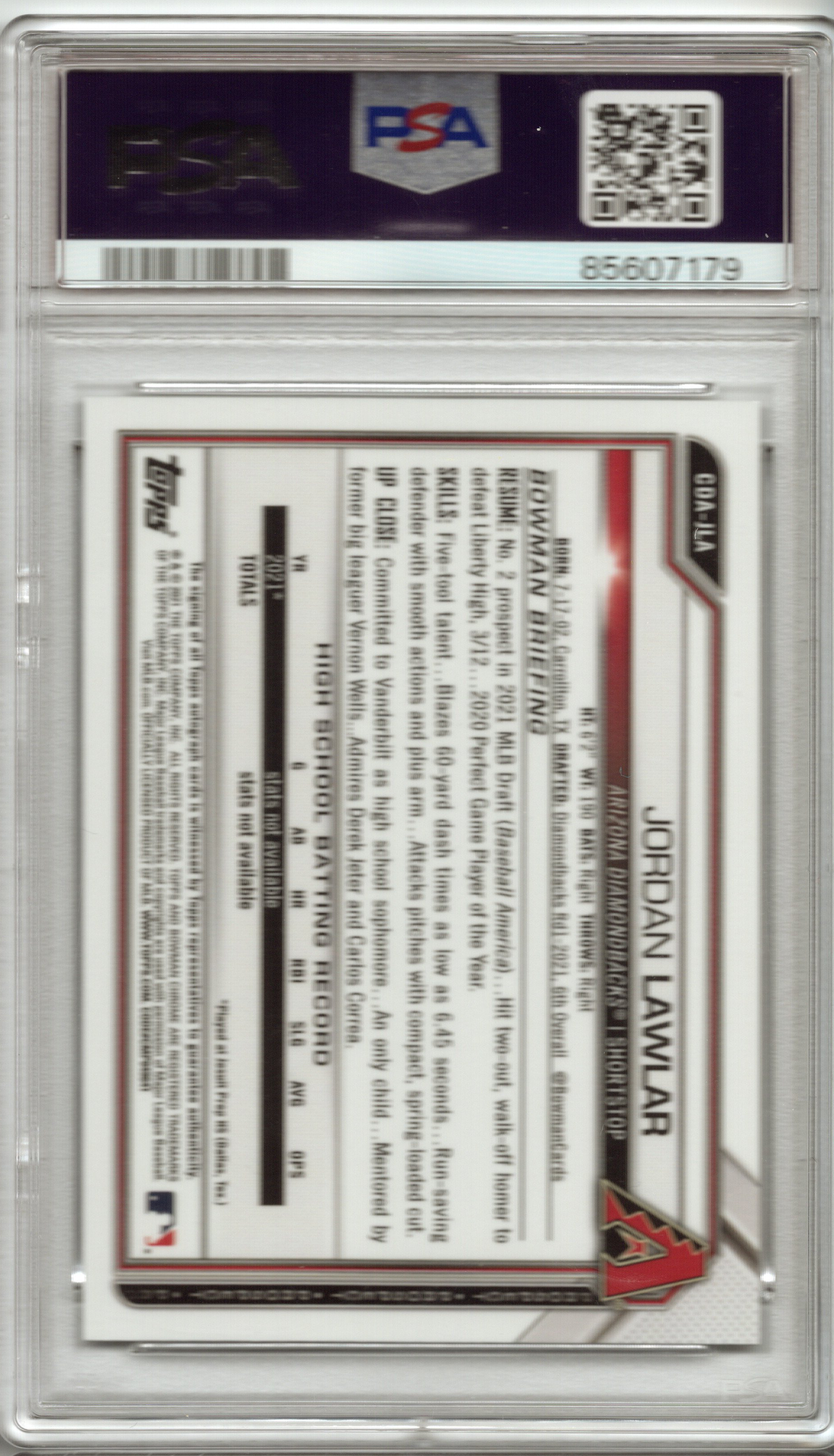 2021 Bowman Draft Jordan Lawlar Chrome Draft Pick Auto 1st Bowman #CDAJLA PSA 10 GEM MINT