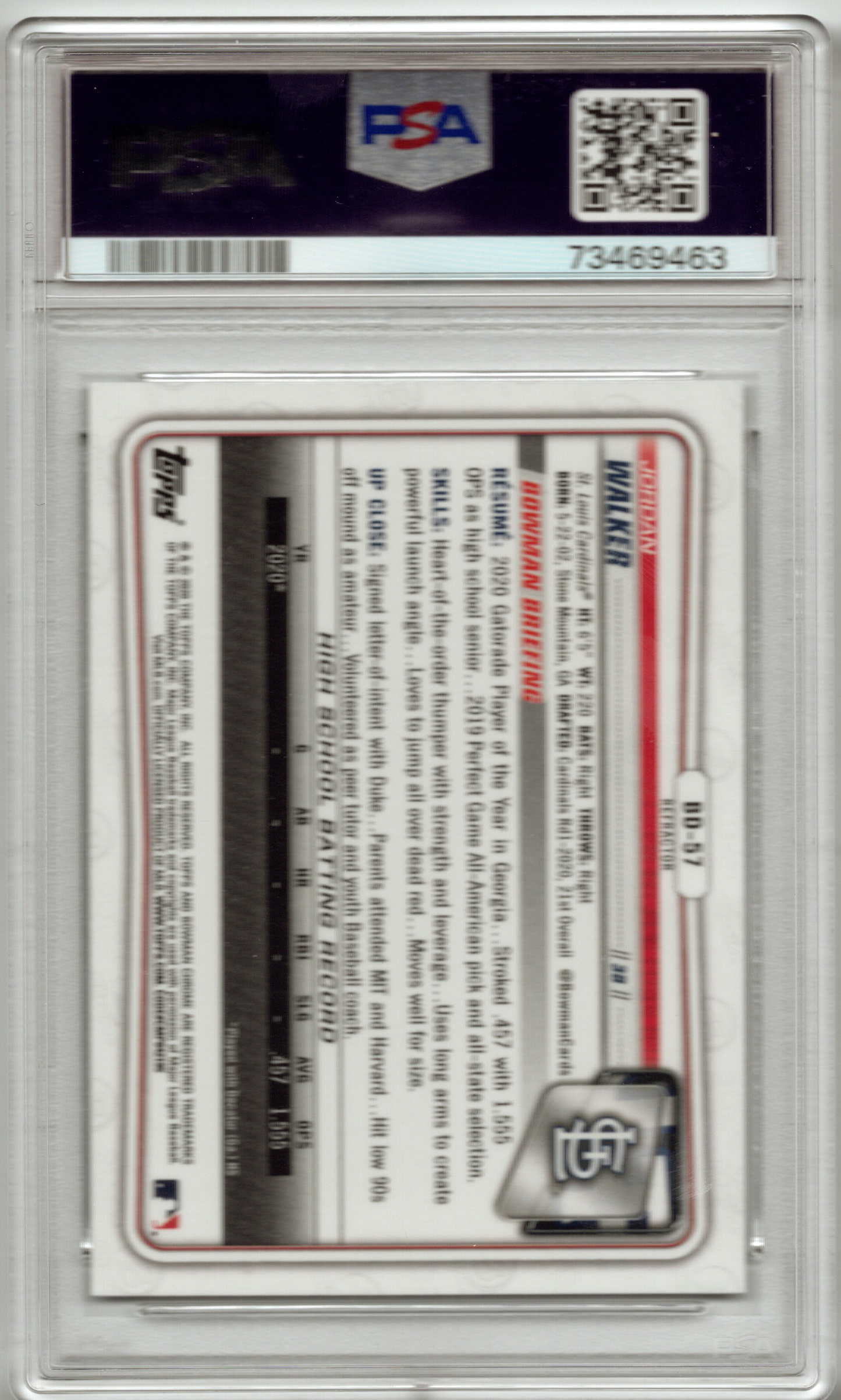 2020 Bowman Draft Jordan Walker 1st Bowman Chrome Refractor #BD57 PSA 10 GEM MINT