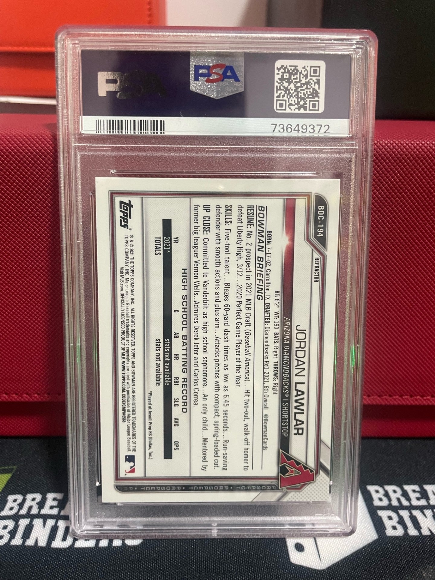 2021 Bowman Draft Jordan Lawlar Chrome Refractor #BDC194 PSA 10 GEM MT