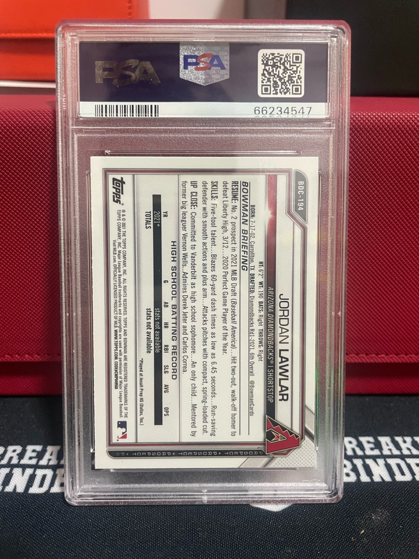 2021 Bowman Draft Jordan Lawlar Chrome #BDC194 PSA 10 GEM MT