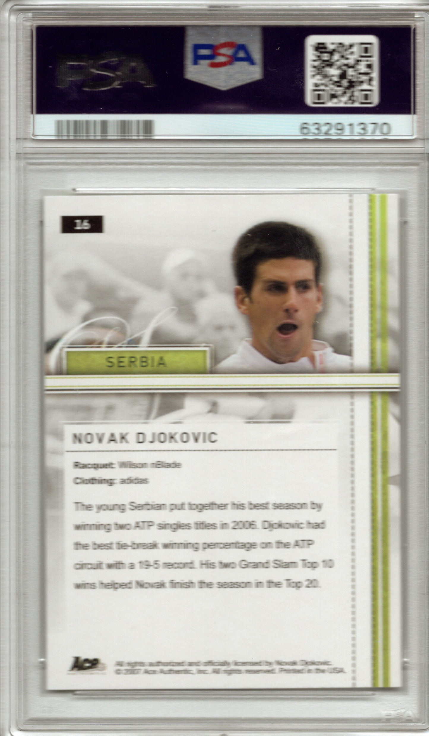 2007 Ace Authentic Novak Djokovic Straight Sets #16 PSA 10 GEM MINT