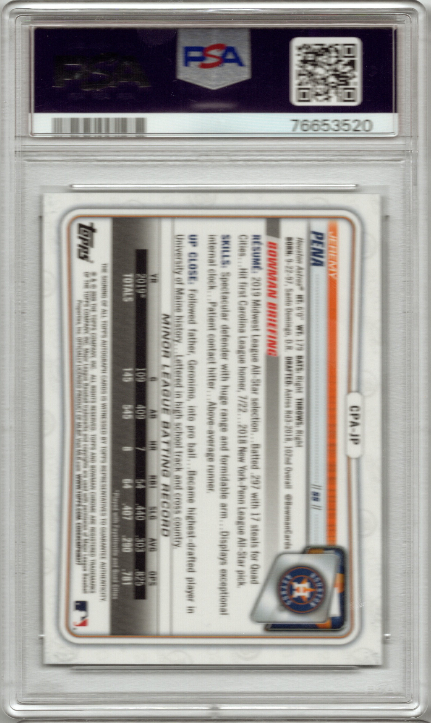 2020 Bowman Chrome Jeremy Pena Prospect Auto Speckle Refractor #CPAJP PSA 10 GEM MINT