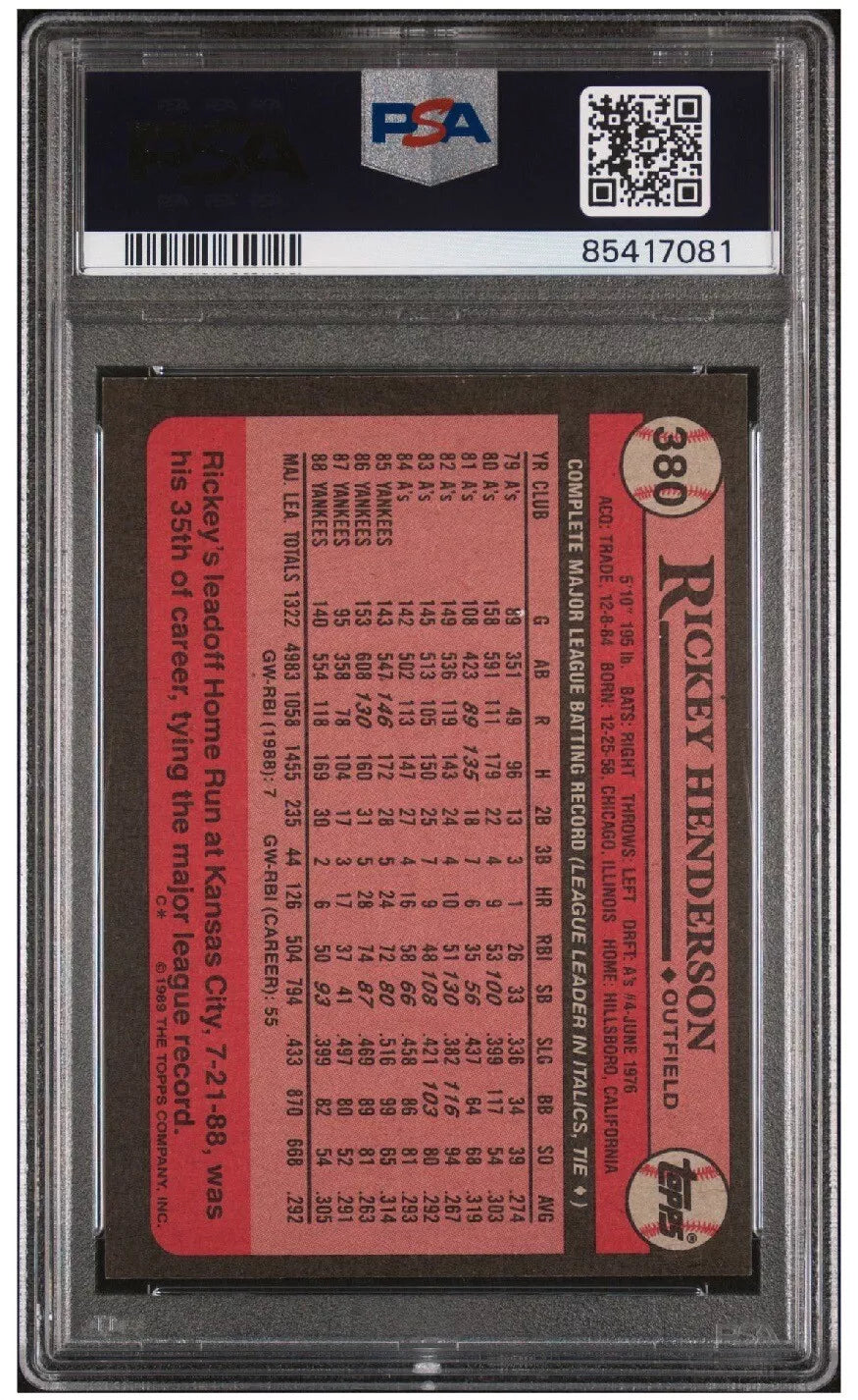 1989 Topps #380 Rickey Henderson PSA 8 NM-MT