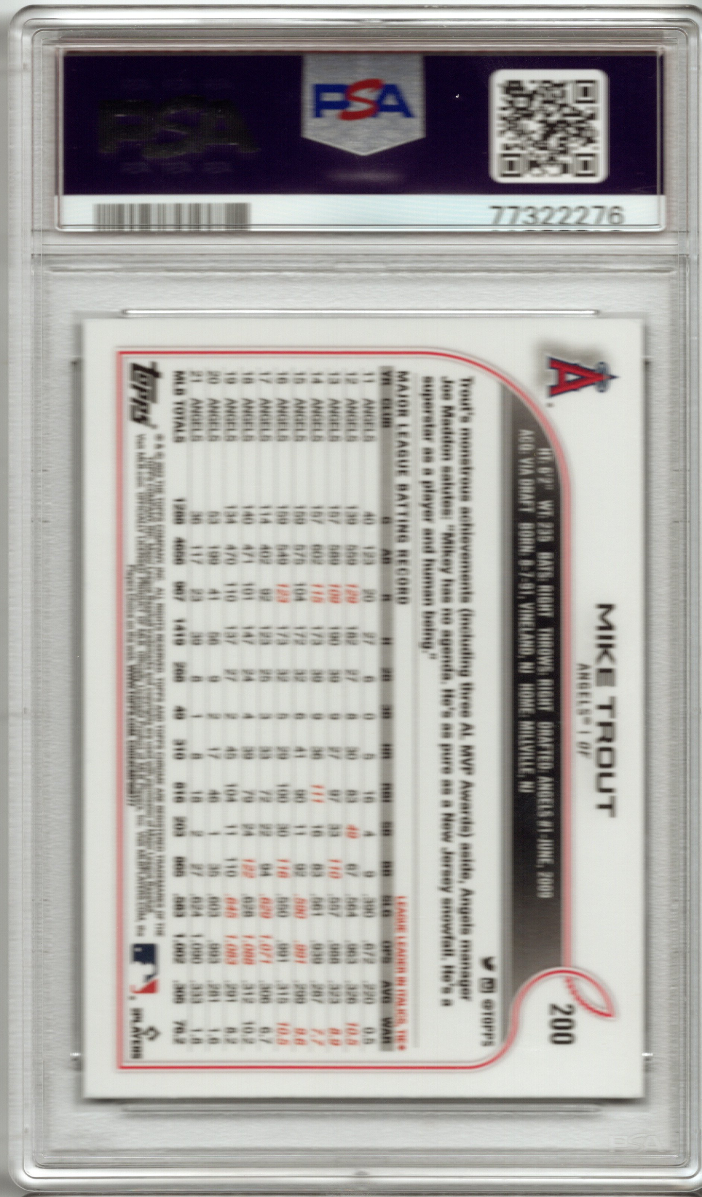 2022 Ben Baller Chrome Mike Trout #200 PSA 10 GEM MINT