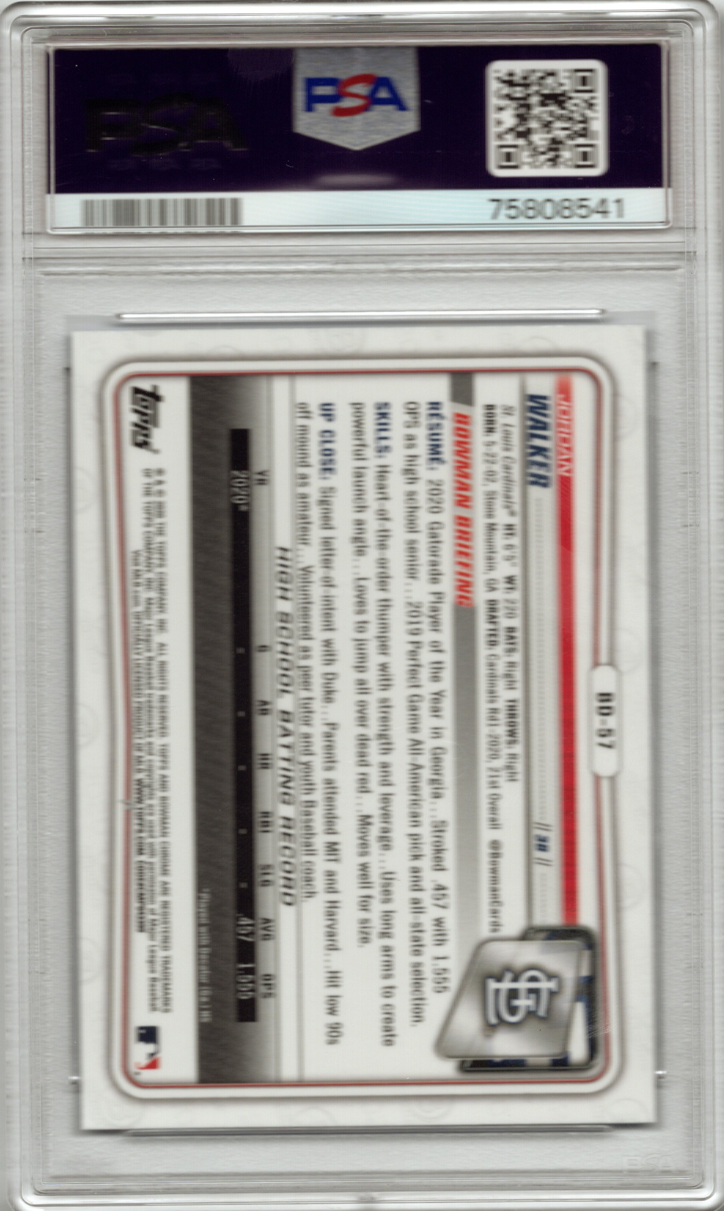 2020 Bowman Draft Chrome Sapphire Edition Jordan Walker #BD57 PSA 10 GEM MINT